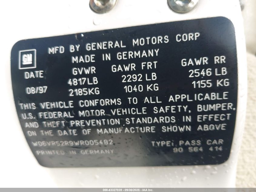 1998 Cadillac Catera Standard VIN: W06VR52R9WR005482 Lot: 43327039