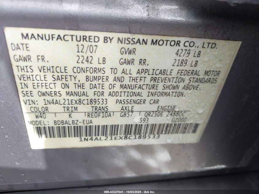 2008 Nissan Altima 2.5 S VIN: 1N4AL21EX8C189533 Lot: 43327041