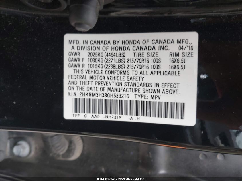 2016 Honda Cr-V Lx VIN: 2HKRM3H38GH539216 Lot: 43327043