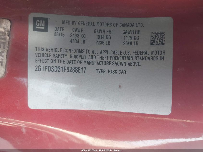 2015 Chevrolet Camaro 1Lt VIN: 2G1FD3D31F9288817 Lot: 43327044