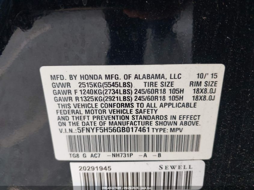 2016 Honda Pilot Ex-L VIN: 5FNYF5H56GB017461 Lot: 43327049