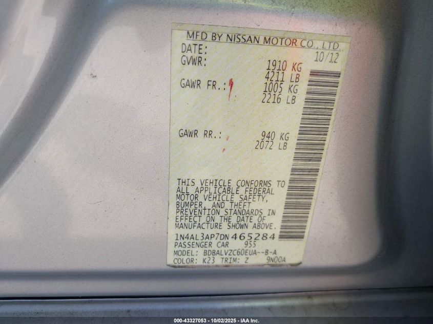 2013 Nissan Altima 2.5 Sl VIN: 1N4AL3AP7DN465284 Lot: 43327053