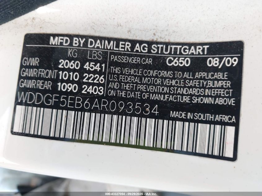 2010 Mercedes-Benz C 300 Luxury/Sport VIN: WDDGF5EB6AR093534 Lot: 43327054