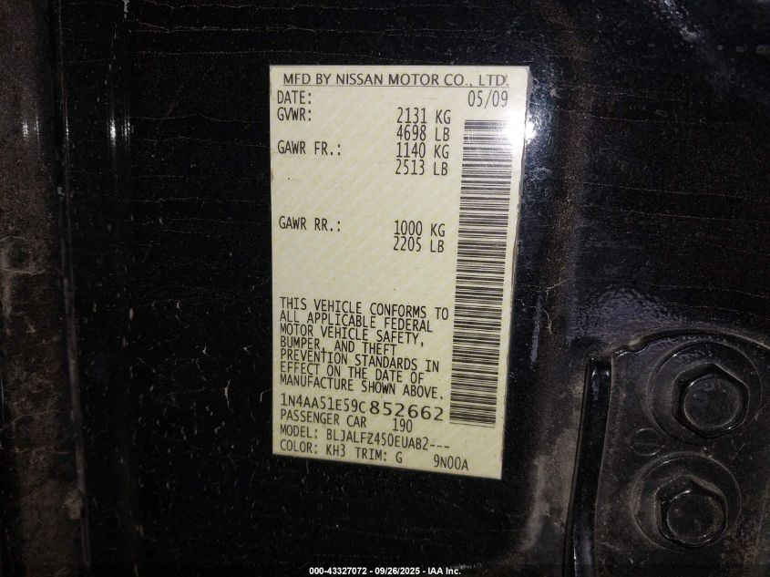 2009 Nissan Maxima 3.5 Sv VIN: 1N4AA51E59C852662 Lot: 43327072