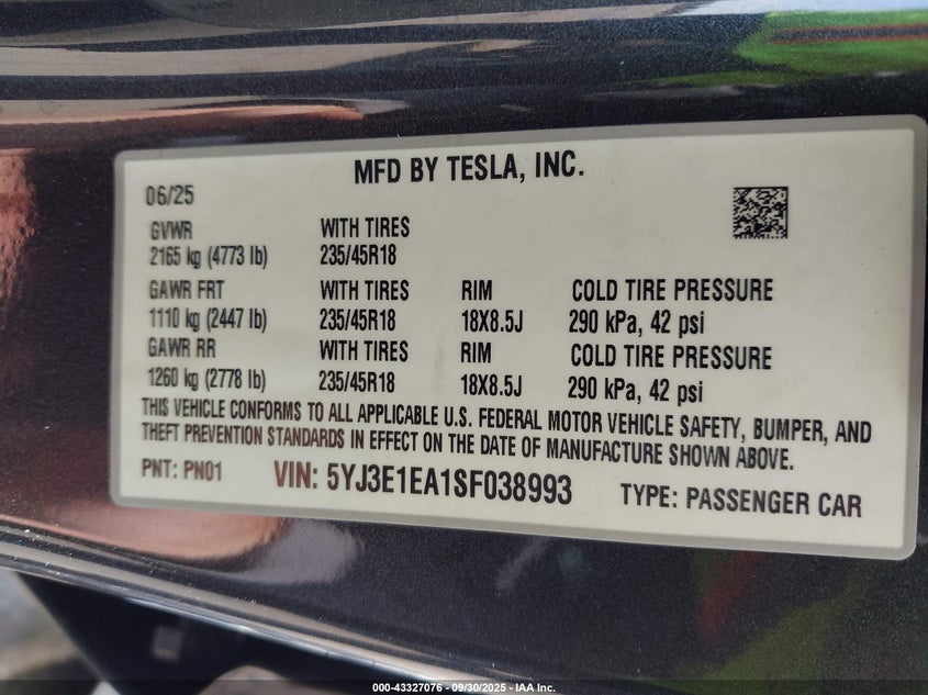 2025 TESLA MODEL 3 LONG RANGE REAR-WHEEL DRIVE - 5YJ3E1EA1SF038993