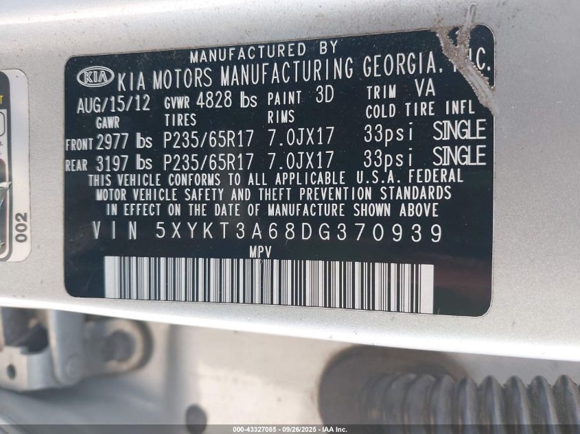 2013 Kia Sorento Lx VIN: 5XYKT3A68DG370939 Lot: 43327085