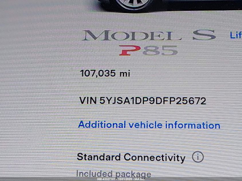 2013 Tesla Model S Performance VIN: 5YJSA1DP9DFP25672 Lot: 43327101