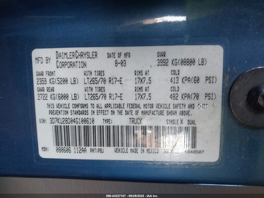 2004 Dodge Ram 2500 Slt/Laramie VIN: 3D7KU28D04G100610 Lot: 43327107