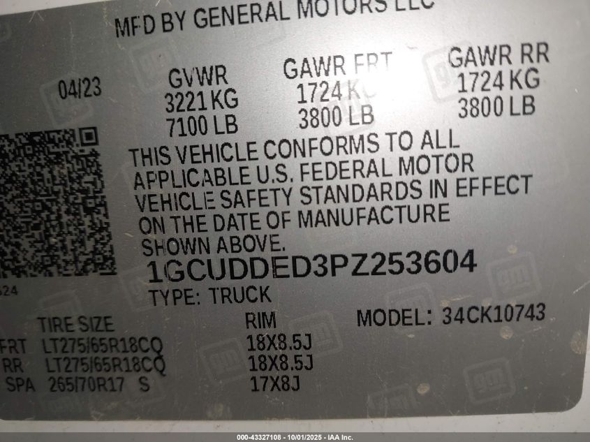 2023 Chevrolet Silverado 1500 4Wd Standard Bed Lt VIN: 1GCUDDED3PZ253604 Lot: 43327108