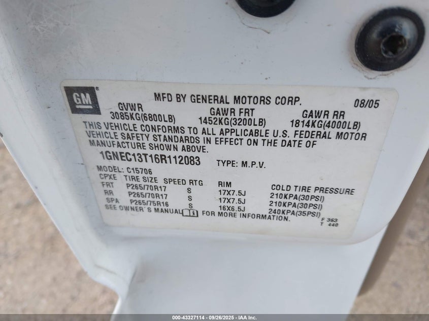 2006 Chevrolet Tahoe Z71 VIN: 1GNEC13T16R112083 Lot: 43327114