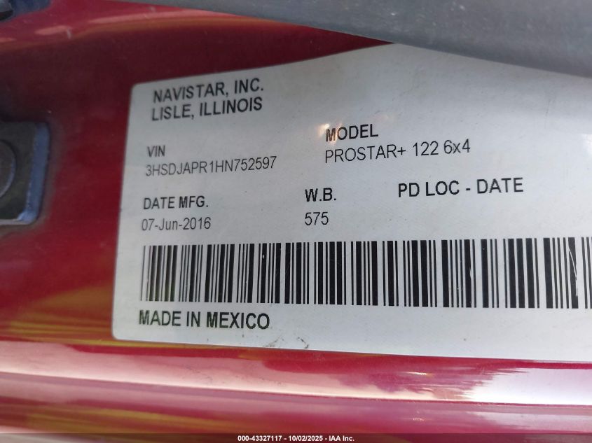 2017 International Prostar+ VIN: 3HSDJAPR1HN752597 Lot: 43327117