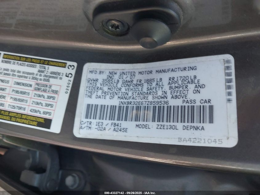 2007 Toyota Corolla Le VIN: 1NXBR32E67Z859536 Lot: 43327142