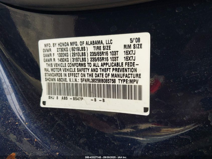 2008 Honda Odyssey Lx VIN: 5FNRL38258B085758 Lot: 43327145