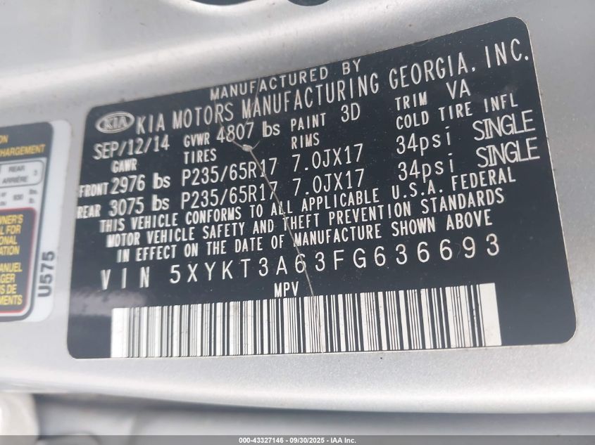 2015 Kia Sorento Lx VIN: 5XYKT3A63FG636693 Lot: 43327146