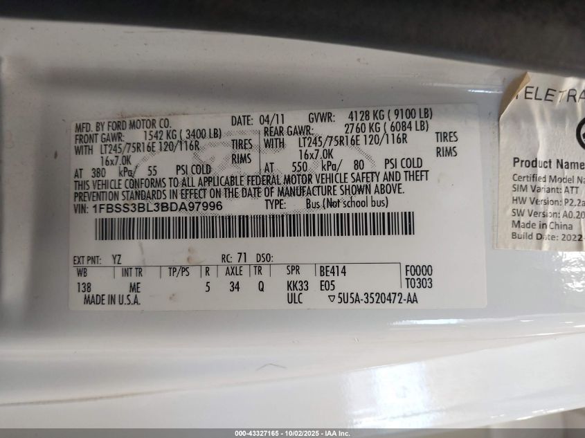 2011 Ford E-350 Super Duty Xlt VIN: 1FBSS3BL3BDA97996 Lot: 43327165