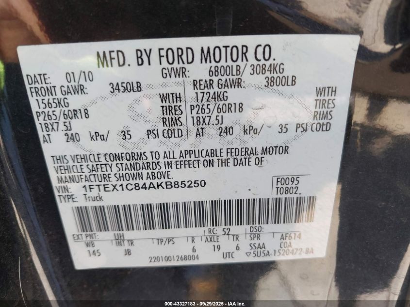 2010 Ford F-150 Fx2 Sport/Stx/Xl/Xlt VIN: 1FTEX1C84AKB85250 Lot: 43327183