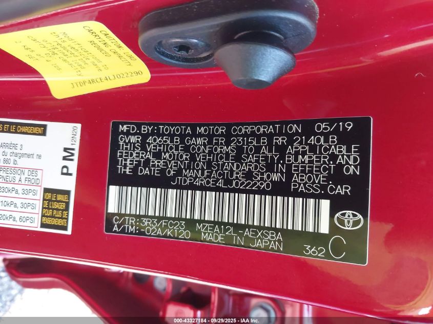 2020 Toyota Corolla Se VIN: JTDP4RCE4LJ022290 Lot: 43327184