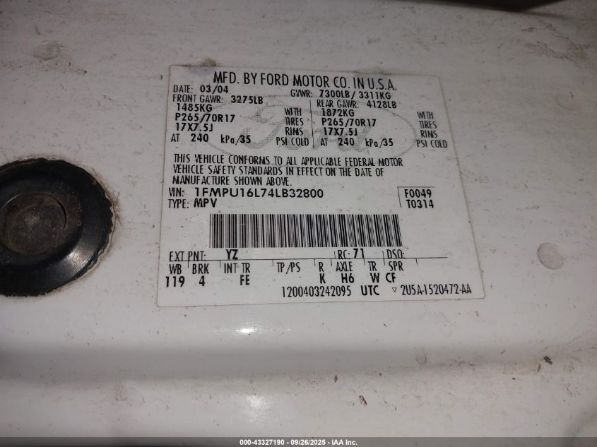 2004 Ford Expedition Nbx/Xlt VIN: 1FMPU16L74LB32800 Lot: 43327190