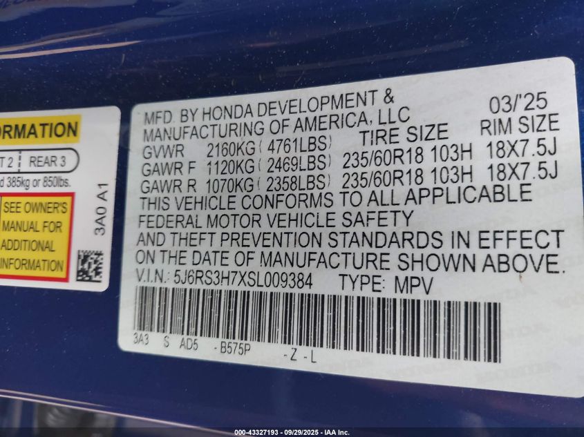 2025 Honda Cr-V Ex-L 2Wd VIN: 5J6RS3H7XSL009384 Lot: 43327193