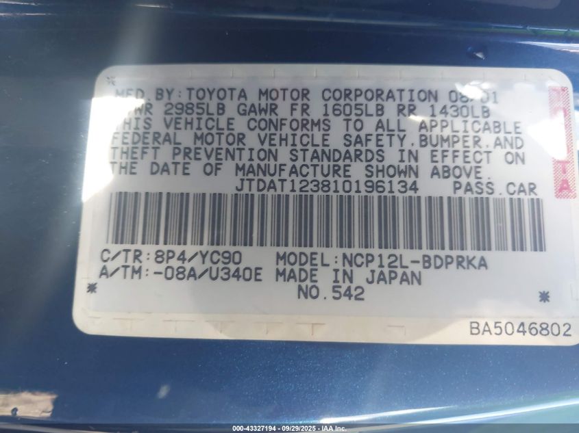 2001 Toyota Echo VIN: JTDAT123810196134 Lot: 43327194