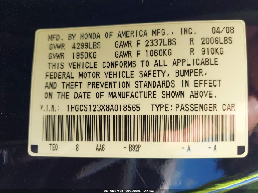 2008 Honda Accord 2.4 Lx-S VIN: 1HGCS123X8A018565 Lot: 43327199