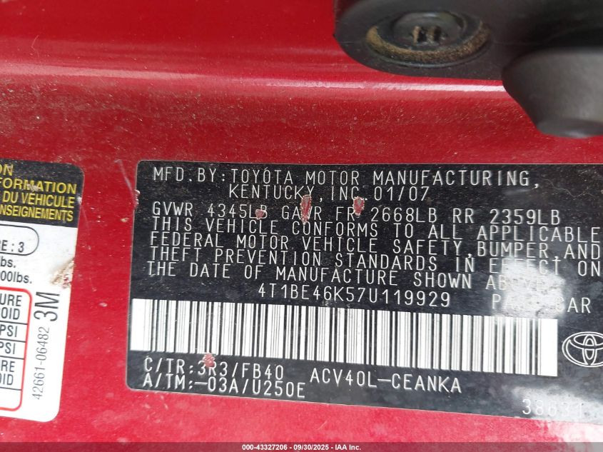 2007 Toyota Camry Le VIN: 4T1BE46K57U119929 Lot: 43327206