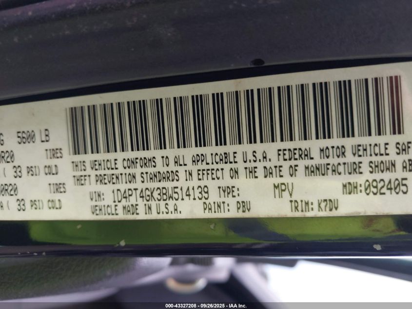 2011 Dodge Nitro Heat VIN: 1D4PT4GK3BW514139 Lot: 43327208