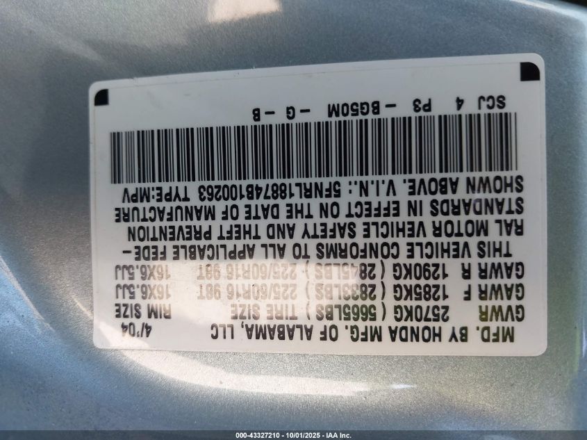 2004 Honda Odyssey Ex VIN: 5FNRL18874B100263 Lot: 43327210