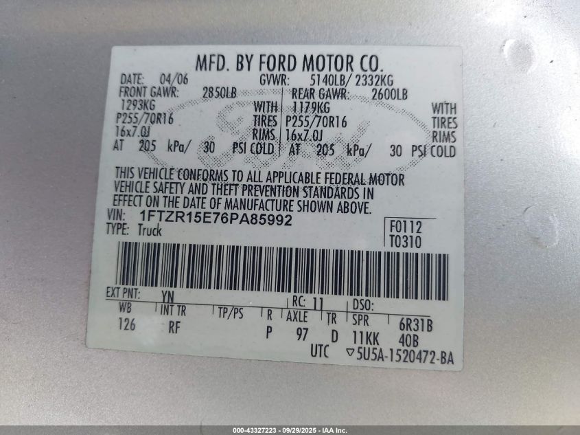2006 Ford Ranger Fx4 Off-Road/Sport/Xl/Xlt VIN: 1FTZR15E76PA85992 Lot: 43327223