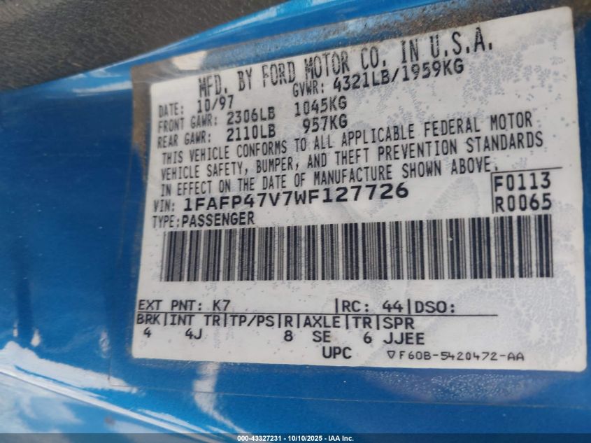 1998 Ford Mustang Svt Cobra VIN: 1FAFP47V7WF127726 Lot: 43327231