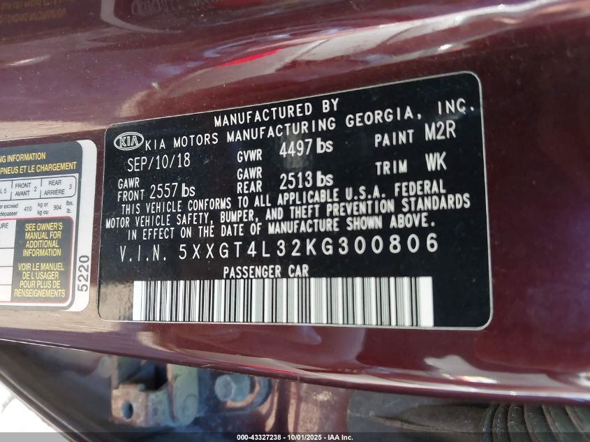 2019 Kia Optima Lx VIN: 5XXGT4L32KG300806 Lot: 43327238