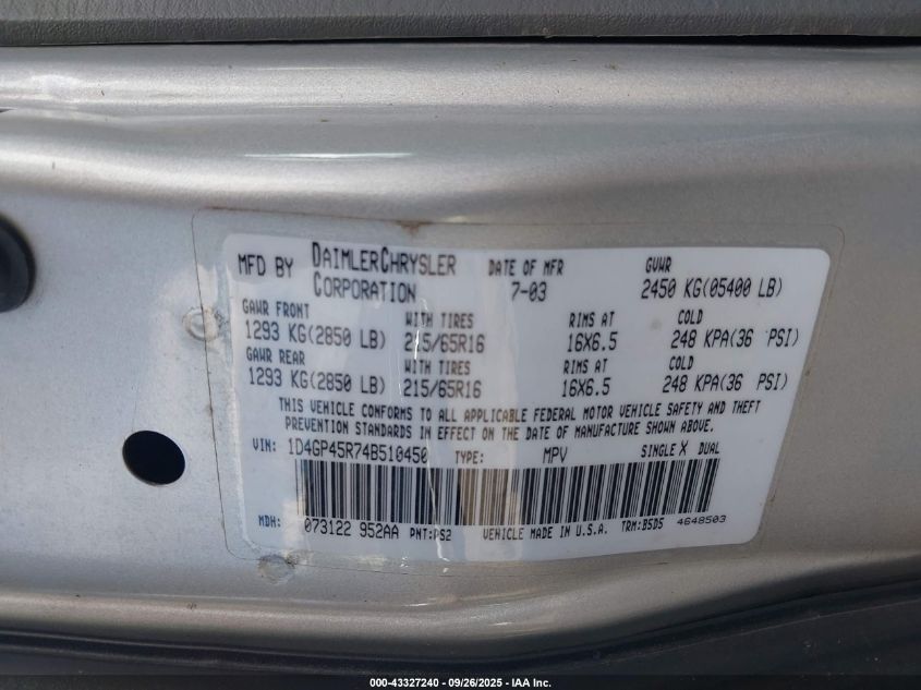 2004 Dodge Caravan Sxt VIN: 1D4GP45R74B510450 Lot: 43327240
