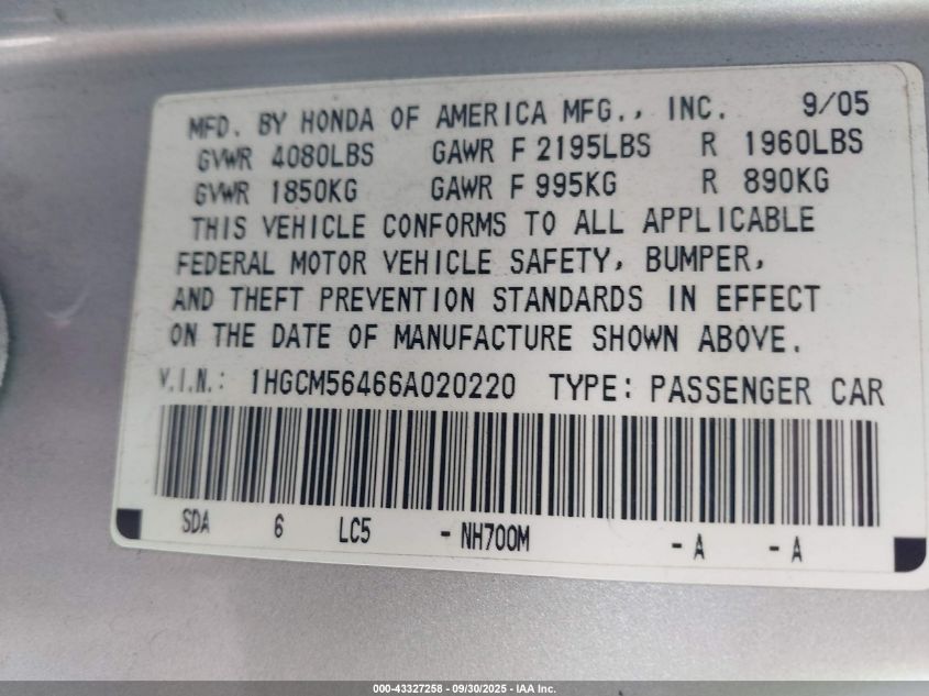2006 Honda Accord 2.4 Lx VIN: 1HGCM56466A020220 Lot: 43327258
