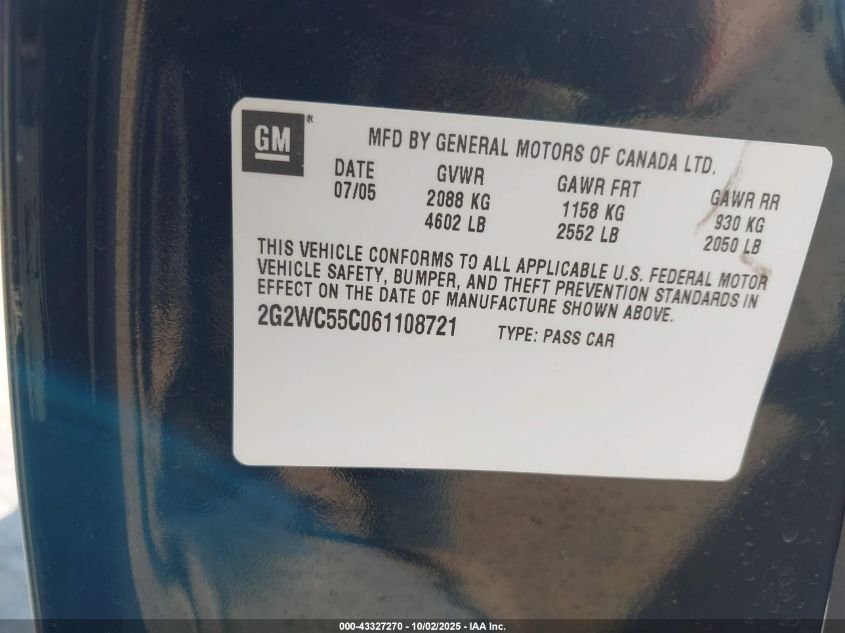 2006 Pontiac Grand Prix Gxp VIN: 2G2WC55C061108721 Lot: 43327270