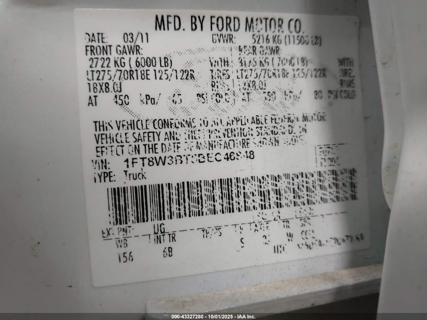 2011 Ford F-350 Lariat VIN: 1FT8W3BT5BEC46848 Lot: 43327280