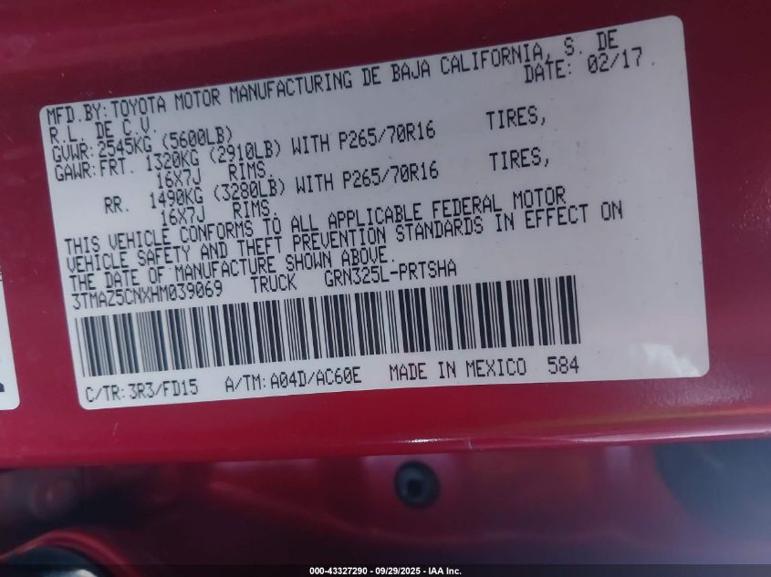 2017 Toyota Tacoma Trd Off Road VIN: 3TMAZ5CNXHM039069 Lot: 43327290