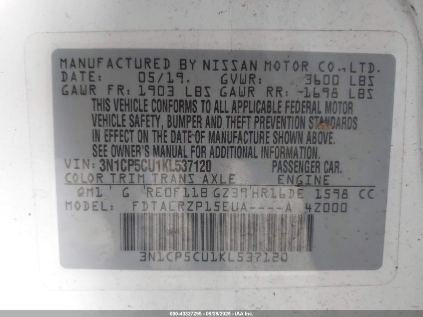 2019 Nissan Kicks S VIN: 3N1CP5CU1KL537120 Lot: 43327295