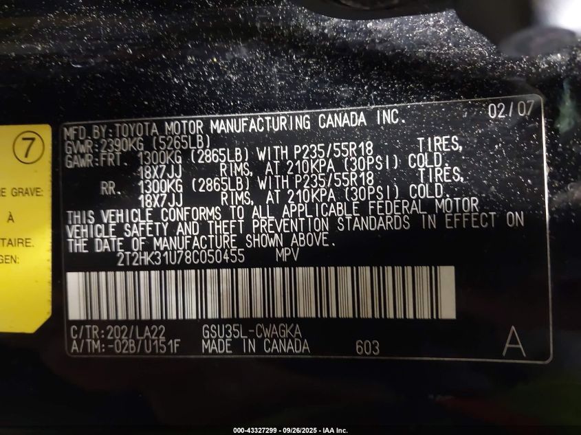 2008 Lexus Rx 350 VIN: 2T2HK31U78C050455 Lot: 43327299