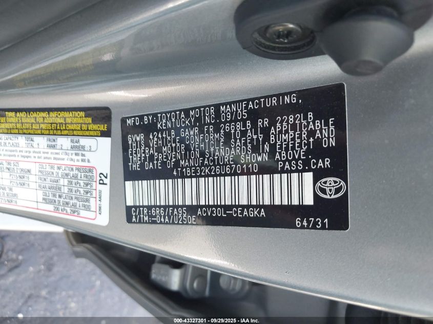 2006 Toyota Camry Xle VIN: 4T1BE32K26U670110 Lot: 43327301