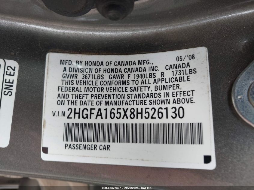 2008 Honda Civic Lx VIN: 2HGFA165X8H526130 Lot: 43327307