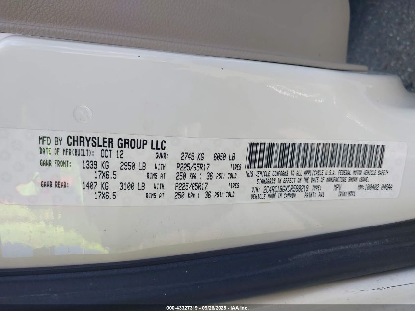 2013 Chrysler Town & Country Touring VIN: 2C4RC1BGXDR598219 Lot: 43327319