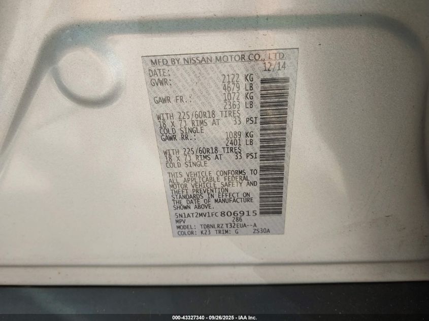 2015 Nissan Rogue Sl VIN: 5N1AT2MV1FC806915 Lot: 43327340