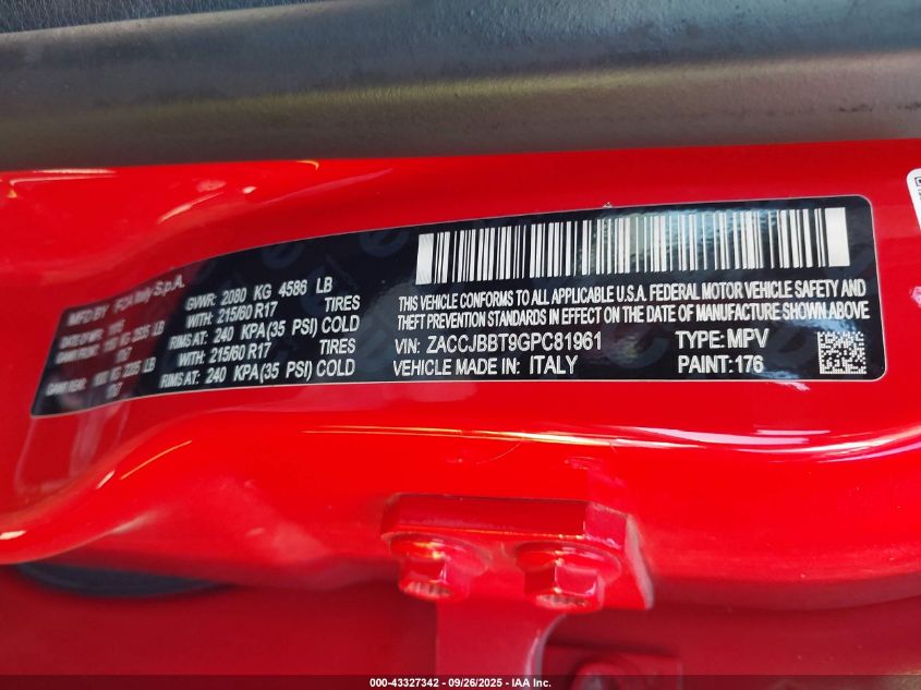 2016 Jeep Renegade Latitude VIN: ZACCJBBT9GPC81961 Lot: 43327342