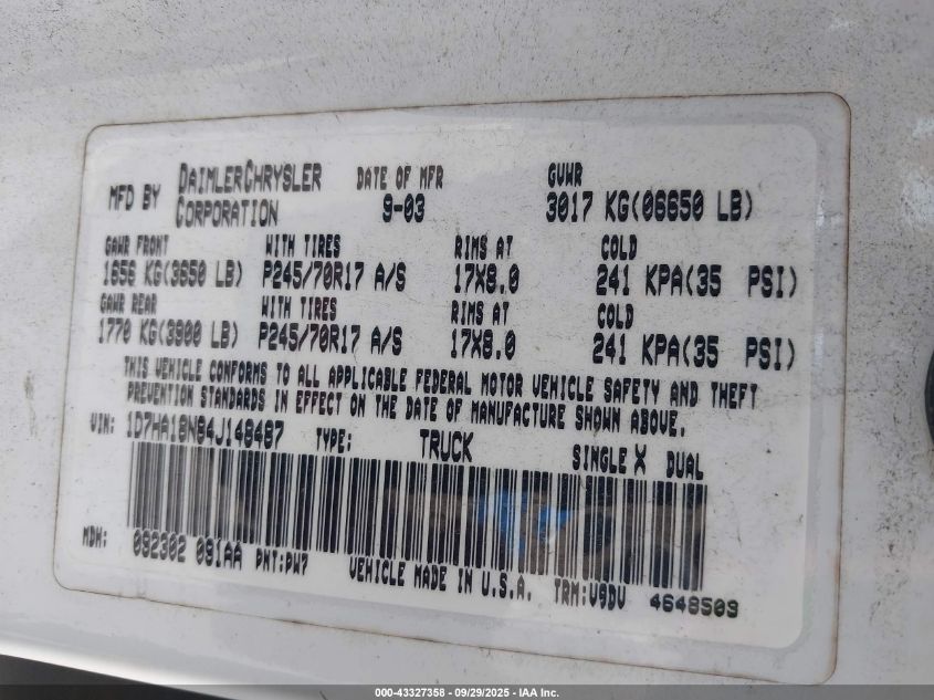 2004 Dodge Ram 1500 Slt/Laramie VIN: 1D7HA18N84J148487 Lot: 43327358
