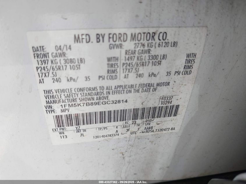 2014 Ford Explorer VIN: 1FM5K7B89EGC32814 Lot: 43327362