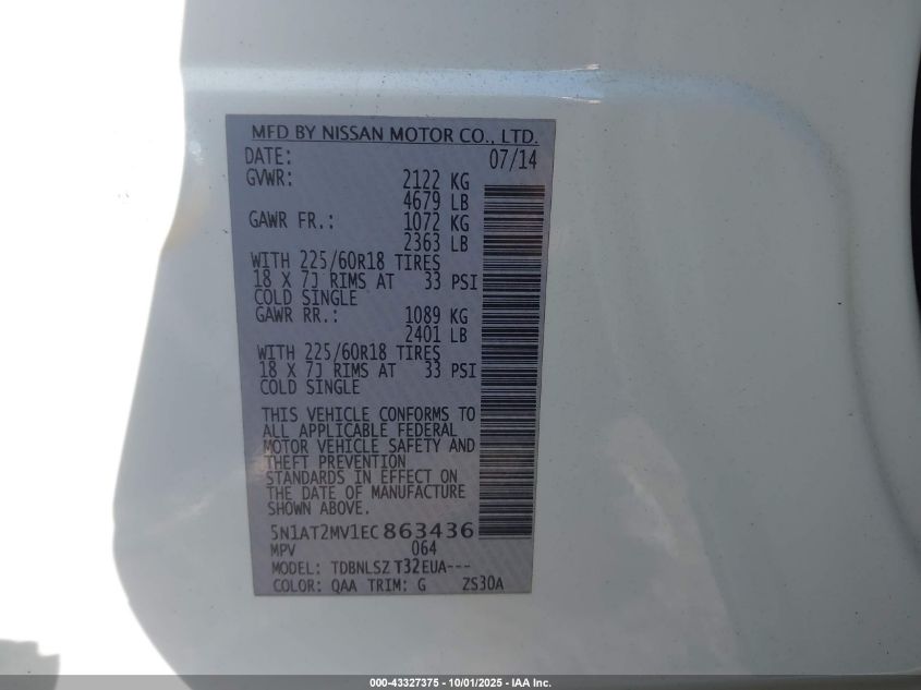 2014 Nissan Rogue Sl VIN: 5N1AT2MV1EC863436 Lot: 43327375