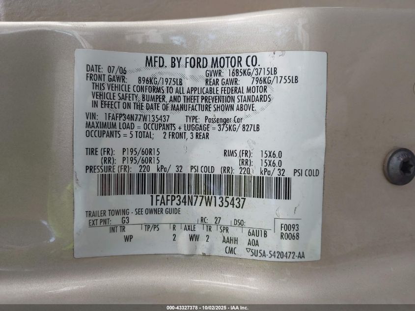 2007 Ford Focus S/Se/Ses VIN: 1FAFP34N77W135437 Lot: 43327378