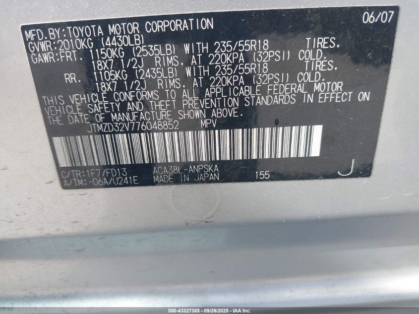 2007 Toyota Rav4 Sport VIN: JTMZD32V776048852 Lot: 43327385