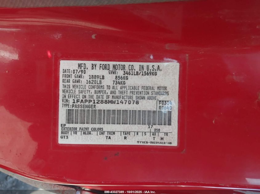 1991 Ford Escort Gt VIN: 1FAPP1288MW147078 Lot: 43327389
