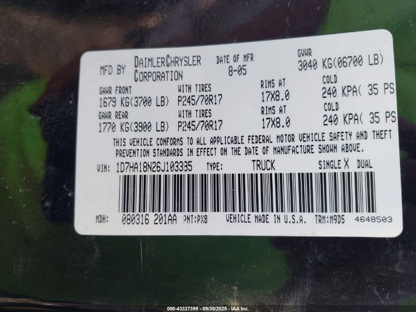 2006 Dodge Ram 1500 Slt VIN: 1D7HA18N26J103385 Lot: 43327399